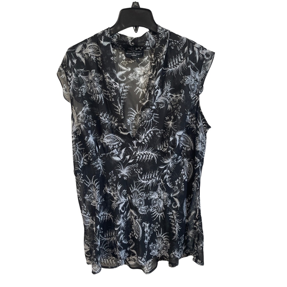 Vintage Shirt Womens 2X Black White Floral Paisley Chiffon Blouse Whimsigoth Top